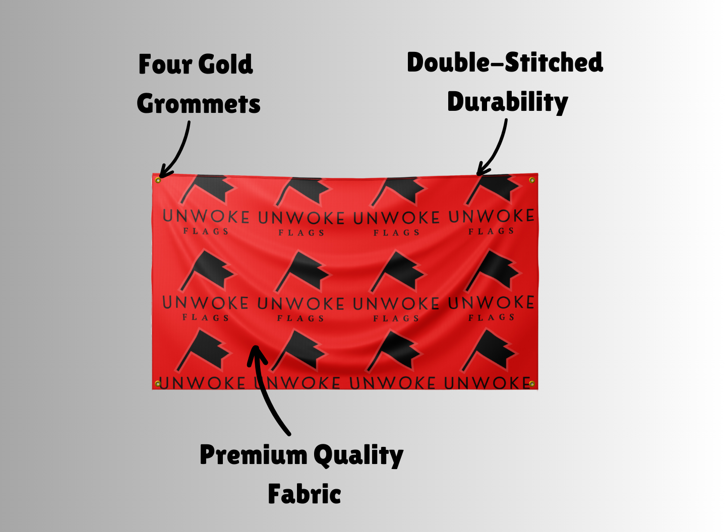 UnwokeFlags flag featuring four gold grommets, double-stitched for durability, and made from premium quality fabric, designed for long-lasting display and bold statements.