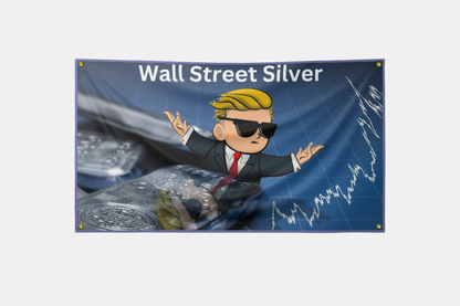 Wall Street Silver Flag featuring a powerful design, crafted from high-quality polyester with reinforced grommets, symbolizing support for the silver movement and financial freedom.