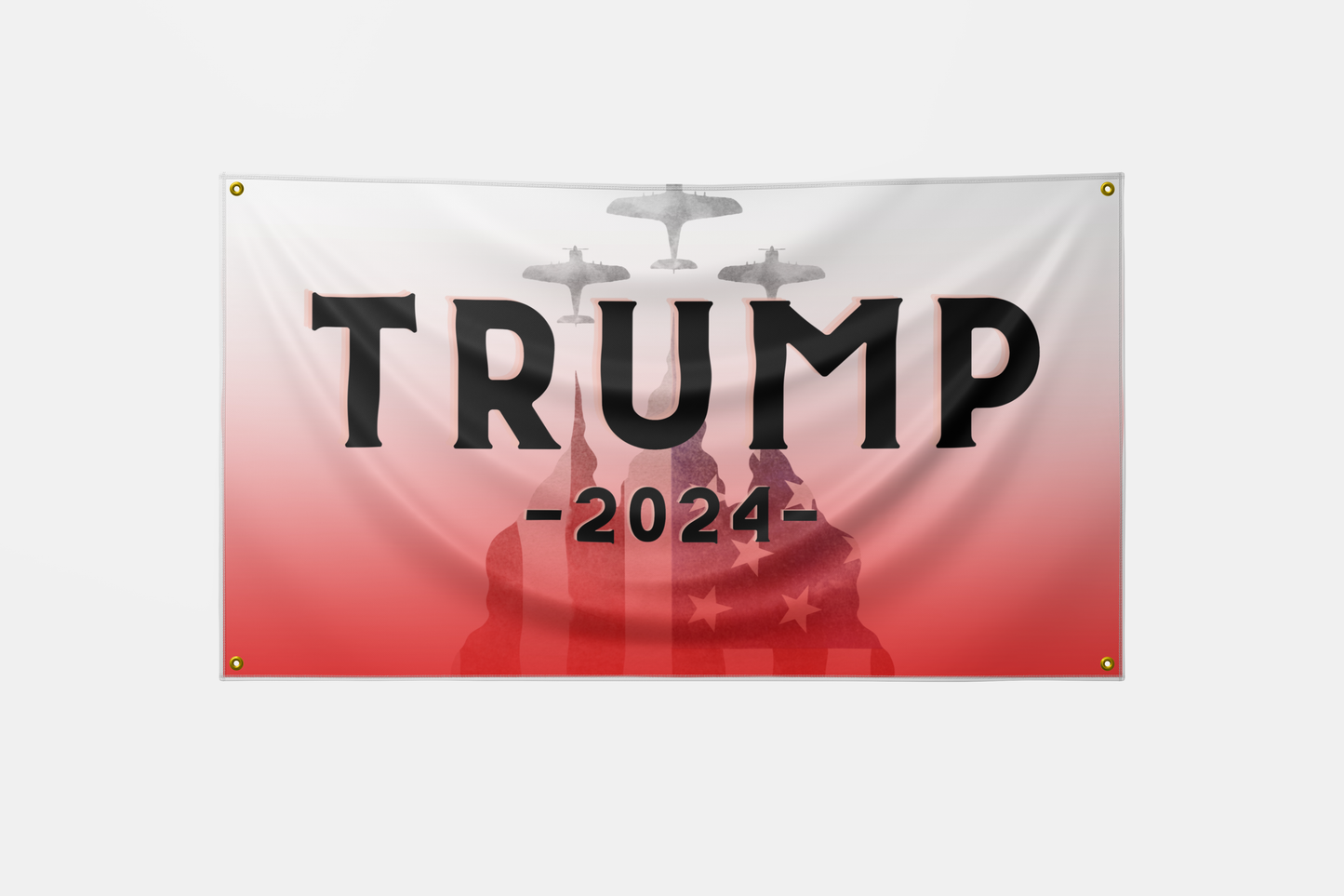 Trump 2024 Flag featuring bold red and white design, made from high-quality polyester with reinforced grommets, perfect for showing support in the upcoming election.